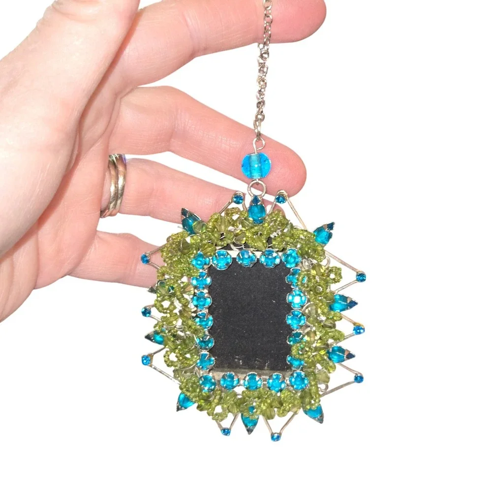 Pier 1 Photo Frame Ornament OS Green‎ Blue Beaded Jeweled Sunburst 6.5